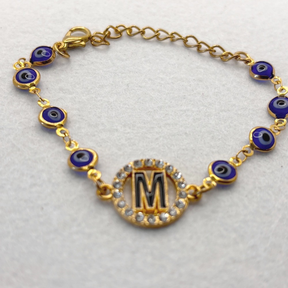 Bracelet Initial M Gold Tone Blue Evil Eye Lobster Clasp Boho Spiritual